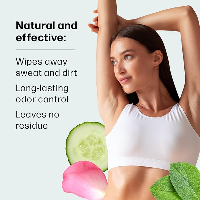 Dew Well Deodorant Wipes - On-the-Go Travel Deodorant - Fresh Mint, Rose & Cucumber Scents Body Wipes for Women - Aluminum, Paraben & Sulfate Free Mini Toiletries - 50 Count, Mint/Rose/Cucumber