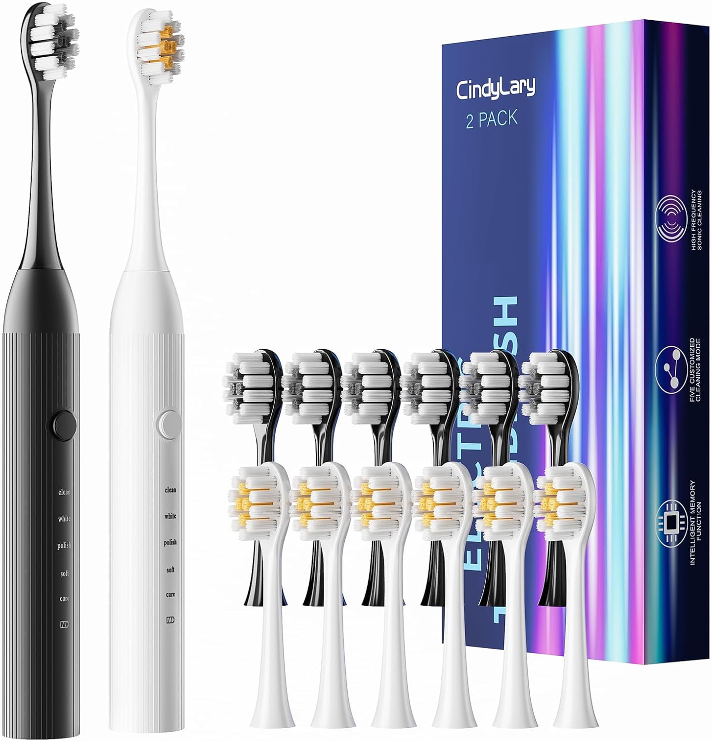 2 Pack Electric Toothbrush for Adults and Kids - Rechargeable Kids Ages 12+ and Adults with 12 Brush Heads & 2 Electric Toothbrush, 90 Days Battery Life - Black and White