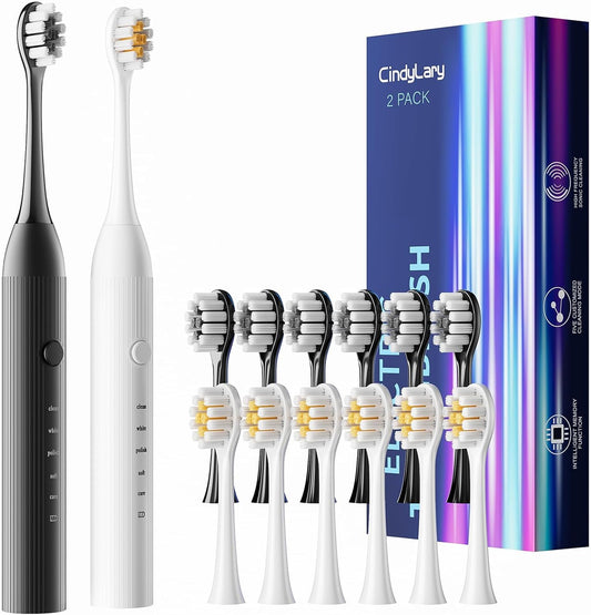2 Pack Electric Toothbrush for Adults and Kids - Rechargeable Kids Ages 12+ and Adults with 12 Brush Heads & 2 Electric Toothbrush, 90 Days Battery Life - Black and White