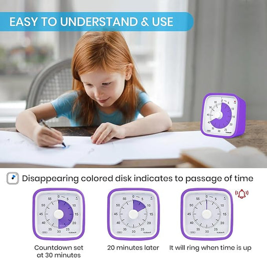 Yunbaoit Upgraded Visual Timer with Protective Case, 60 Minute Silent Countdown Timer for Kids and Adults Clock Time Management Tool(Purple)