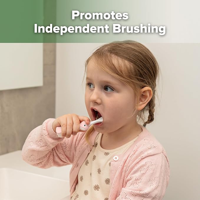 haakaa Dinosaur Toothbrush for Kids 2-4 – Soft Bristles Baby Toothbrush with Silicone Handle, Non-Slip Grip & Tongue Cleaner | BPA-Free, Fun Training for Toddlers - Pink, 2 Counts