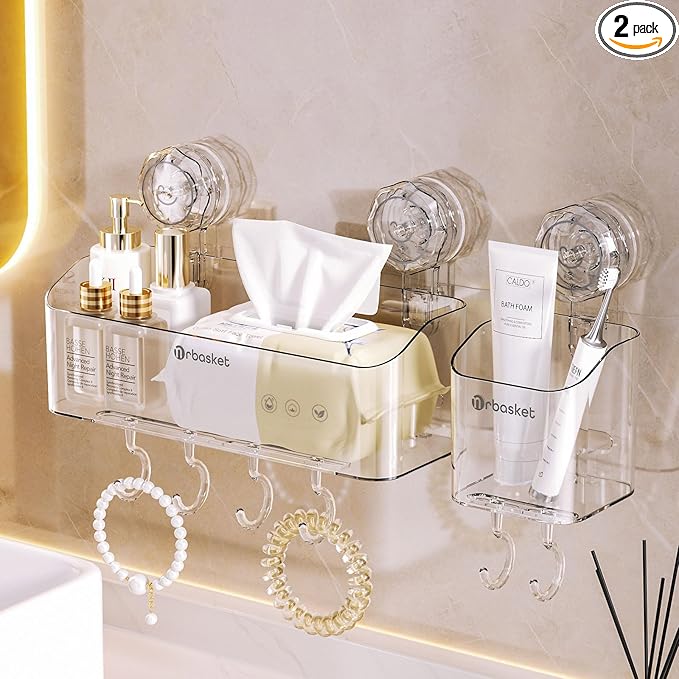 2-Pack Suction Cup Shower Caddy Set, Wall Mounted Suction Rack, Bathroom Shower Shelf Basket Set with Shower Organizer and Toothbrush Holder (No Drilling Required)