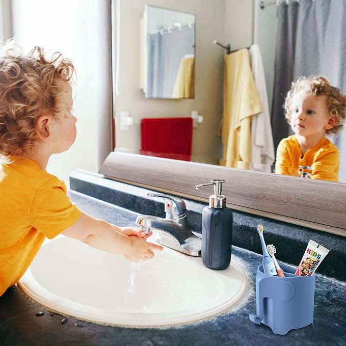 RyanLemon Elephant Toothbrush Holder for Toddler, Suction Cup Cute Toothbrush Holder for Kids, for Bathroom, with 3 Slots and 1 Hook, Sky Blue