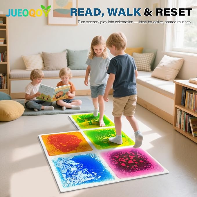Liquid Sensory Floor Tiles for Kids Ages 3+, 12" Step-On Tiles with Non-Slip Base, Interactive Color-Flow, Assorted Colors, Sensory Path Starter Set (4-Pack)