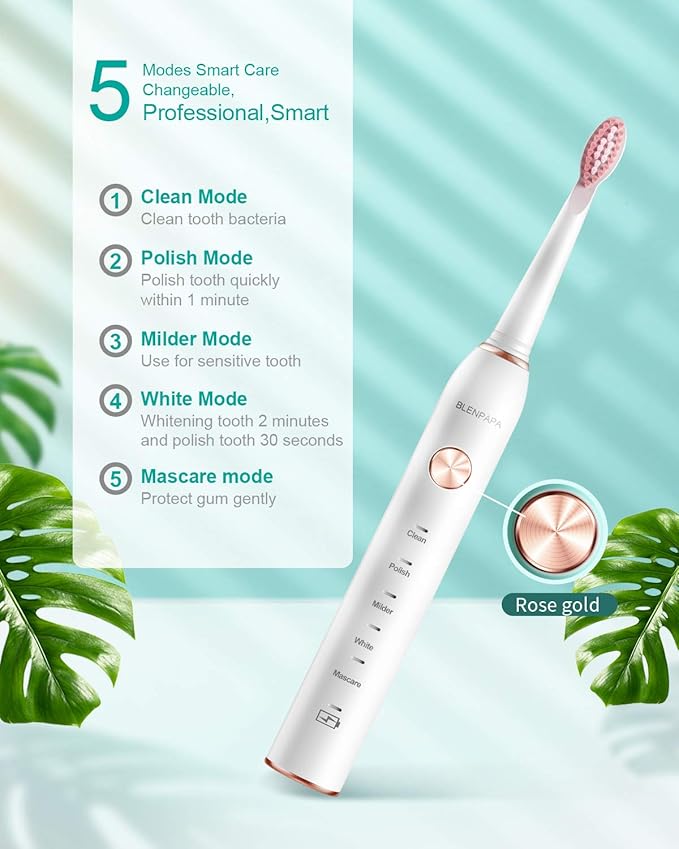 High Vibration 38000VPM Sonic Electric Toothbrush for Adults with Timer Dupont Brush Heads Ultra Whitening 5-Modes - White