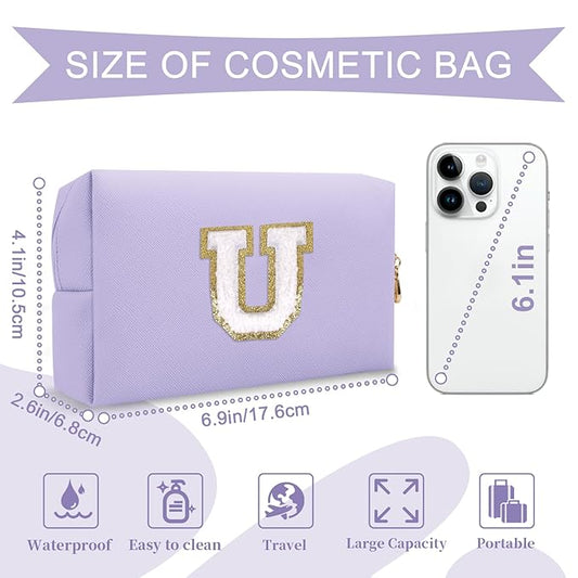 Personalized Makeup Bag Initial A-Z Preppy Patch Bag,Small PU Leather Travel Cosmetic Bag Pouch with Zipper,Purple Cute Toiletry Bag,Gift Ideal for Teen Girls Women Birthday Friend Mom,Latter U