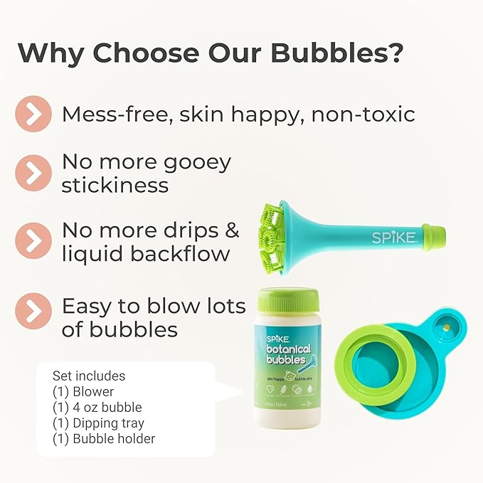 Innobaby Spike Bubble Blower with Mess Free Botanical Bubbles and Dipping Tray - Magic Wand Blows Oodles of Bubbles Without The Mess - Recommended for Speech, Visual & Motor Development - Color: Aqua