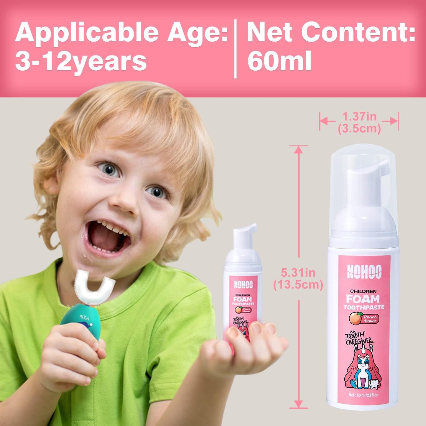 NOHOO Fluoride Free Foam Toothpaste Kids Fruit Flavour,Natural Training Toothpaste for Baby Toddler Children Oral Cleaning and Cavity Protection(Peach + Cantaloupe)