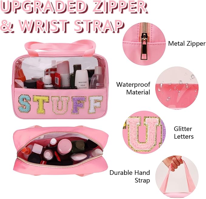 Iqimott Chenille Letter Patch Stuff Bag, Preppy Clear Makeup Cosmetic Bag Large Toiletry Storage Tote Bag with Handle, Transparent Nylon Waterproof Organizer Zipper Pouch for Travel Women Girls(Pink)