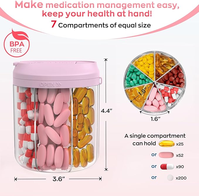 Pill Dispenser with 7 Large Compartments, Pill Organizer for Travel, Supplement Organizer with Anti-Mixing Design, BPA-Free Pill Container with 20 Pcs Labels, Blue+Pink