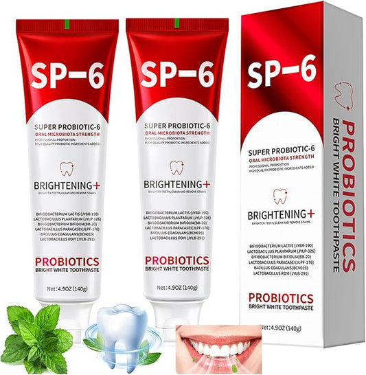 SP-6 Probiotics Whitening Toothpaste, 2 PCS 6 Probiotics Enhanced Formula Brightening Toothpastes for Teeth Whitening and Gum Health, Fluoride-Free, Fresh Breath with Mint Flavor (2 PCS)