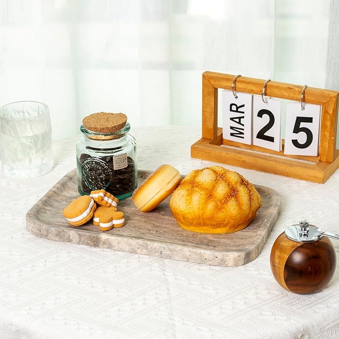 Marble Vanity Trays, Travertine Bathroom Tray, Decorative Tray for Dresser Countertop, Grey Stone Serving Holder for Kitchen, Storage Trays for Perfume, Jewelry Candle Organizer