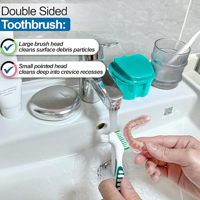 2 Pack Partial Denture Bath Case Retainer Cleaning Case Travel, Denture Storage Container False Teeth Case Denture Cups for Soaking Full Dentures, Braces, Mouth Guard - Lake Green & White