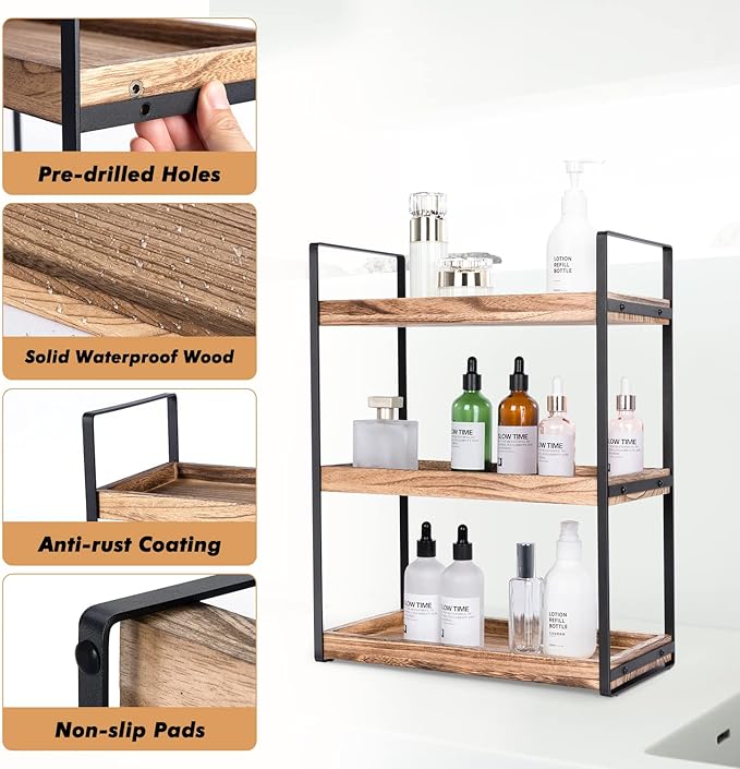 3-Tier Countertop Organizer for Bathroom Counter Stylish Wood Bathroom Vanity Organizer Shelf Storage - The Perfect Addition to Your Counter Decor