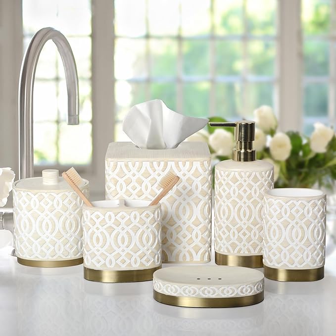 6-Piece Bathroom Accessories Set – Soap Dispenser, Toothbrush Holder, Tumbler, Soap Dish, Cotton Swab Jar & Toilet Brush – Modern Bathroom Decor Set (Solana)