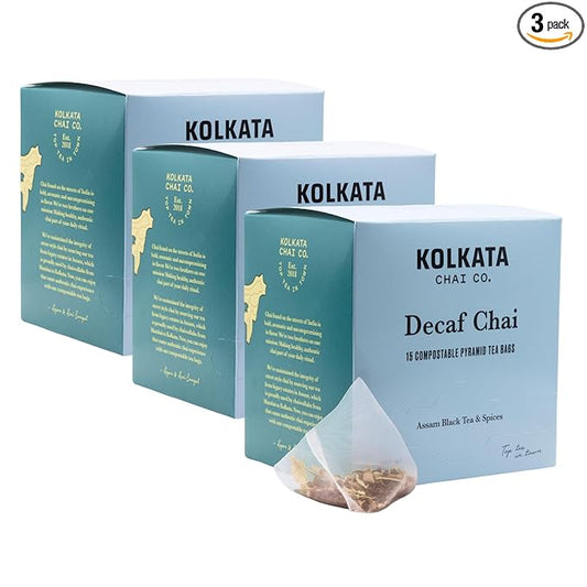 Kolkata Chai - Decaf Chai Tea Bag, 45 Count, Premium Assam Black Tea and Spices, Compostable Tea Bags, Vegan, All Natural