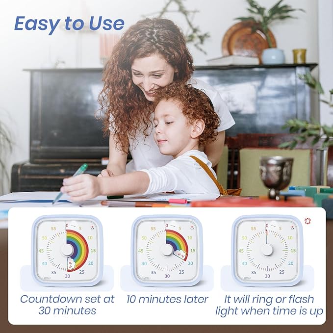 Yunbaoit Visual Timer with Protective Case, Rainbow Disk 60 Minute Countdown Timer for Kids and Adults, Silent Time Management Tool(Light Blue)