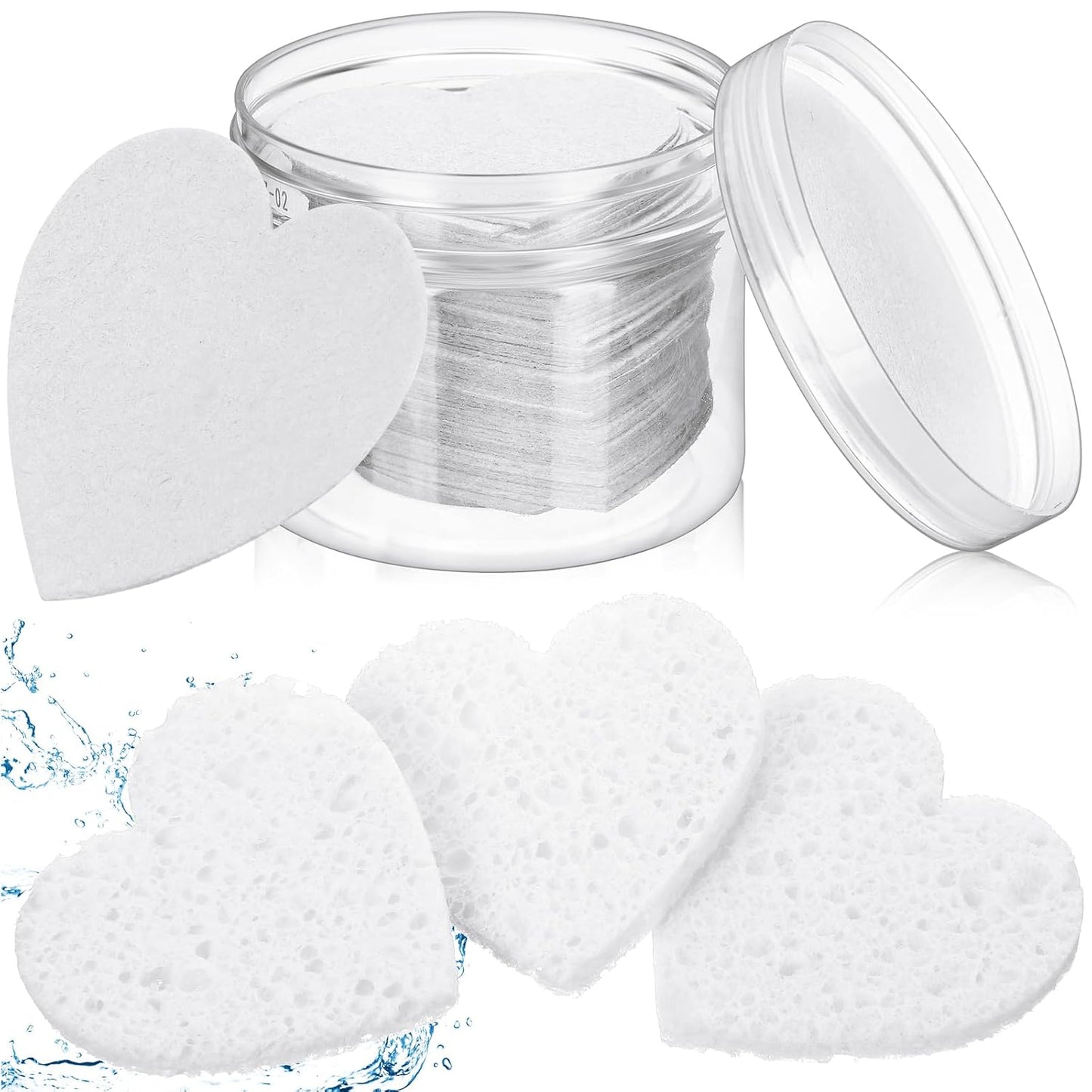 Nuenen 60 Pieces Facial Sponges with Container, Heart Shape Compressed Face Sponges Natural Cleaning Pads for Washing Face Cleaning Exfoliating Esthetician Makeup Removal(White)