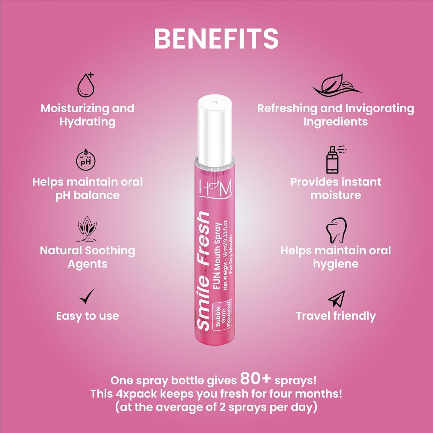 HM - Dry Mouth Fun 4 Flavoured Spray - Peach, Bubble Gum, Cotton Candy & Apple - Alcohol Free, Instantly Hydrate & Moisturize, Ph Balanced, Promotes Saliva Production & Soothes Pack of 4 x 0.33 oz