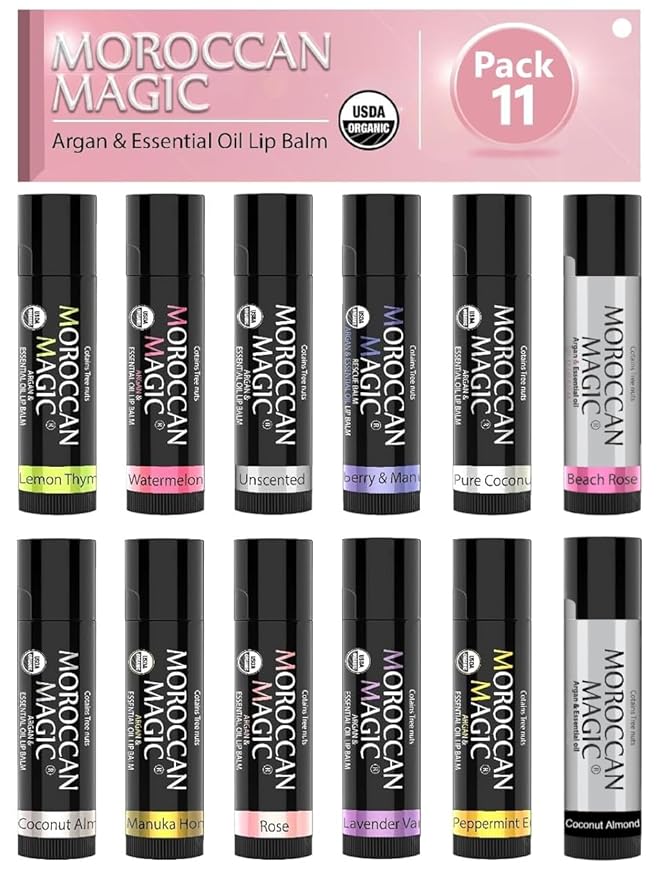 Moroccan Magic Organic Lip Balm & SPF15: 12 Piece Variety Pack Gift Set | Organic Argan and Essential Oils | Smooth | Natural | Non-Toxic | Cruelty Free | 12 Pack