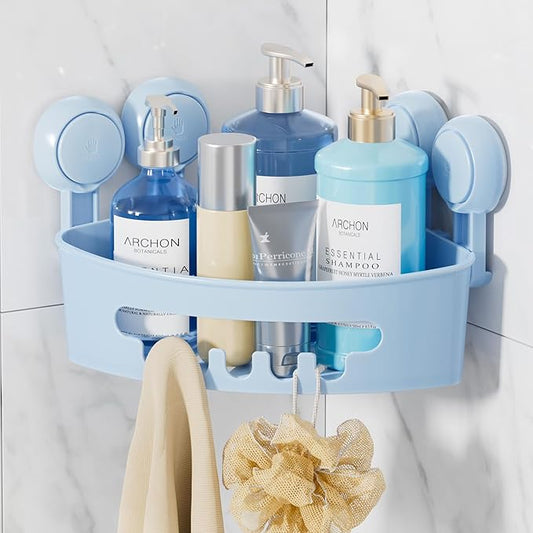 LEVERLOC Powerful Suction Bathroom Shower Shelf, Waterproof and Rustproof Organizer for Bathroom Storage and Kitchen, No-Drilling Removable, Blue