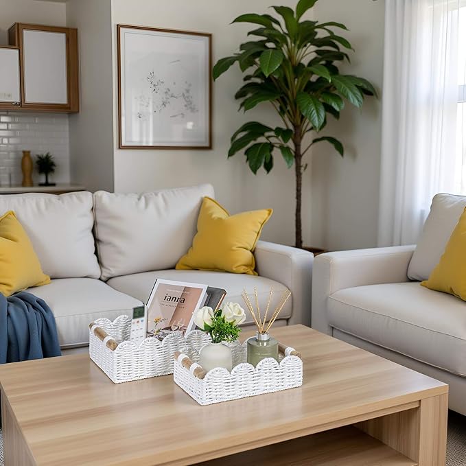 CubesLand Scalloped Edge Decor Basket for Living Room, Home, Bathroom, 2SAME SIZE Paper Rope Basket, Toilet Storage Baskets for Over Toilet Storage Shelf, Cozy Woven Baskets Both Storage&Decor, White