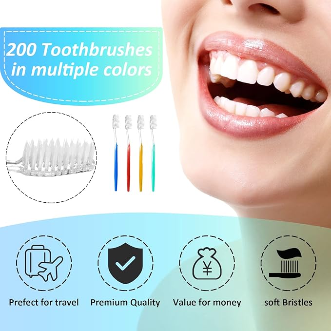 Patelai Disposable Toothbrushes Individually Wrapped Toothbrushes Medium Soft Bristle Tooth Brush Manual Disposable Travel Toothbrush Set for Adults Kids Travel Toiletries, 4 Colors (100 Pieces)