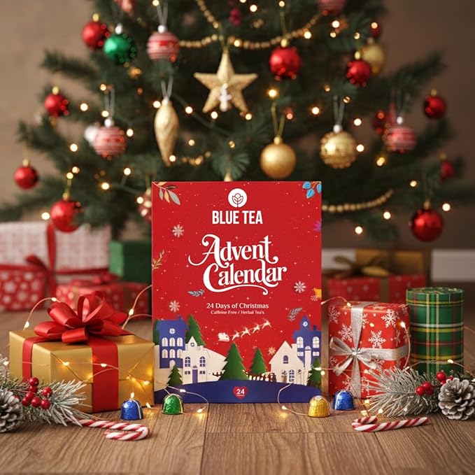 BLUE TEA - Advent Calendar 2025 (Red) - 24 Tea Bags - Plant Based - 24 Unique Tea | Limited Edition | Sampler & Variety Pack | Caffeine Free - Herbal Tea - Christmas Holiday Unique Advent Calendar Tea Gift Set | Gift Idea for Men and Women