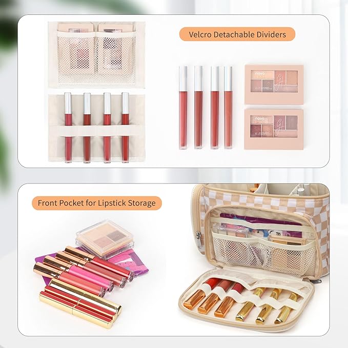 Large Makeup Bag, Portable Travel Makeup Bag Organizer for Women Girls with Makeup Brush Compartment & Two Side Pockets, Cosmetic Travel Bag Vertical Storage Toiletry- Checkerboard