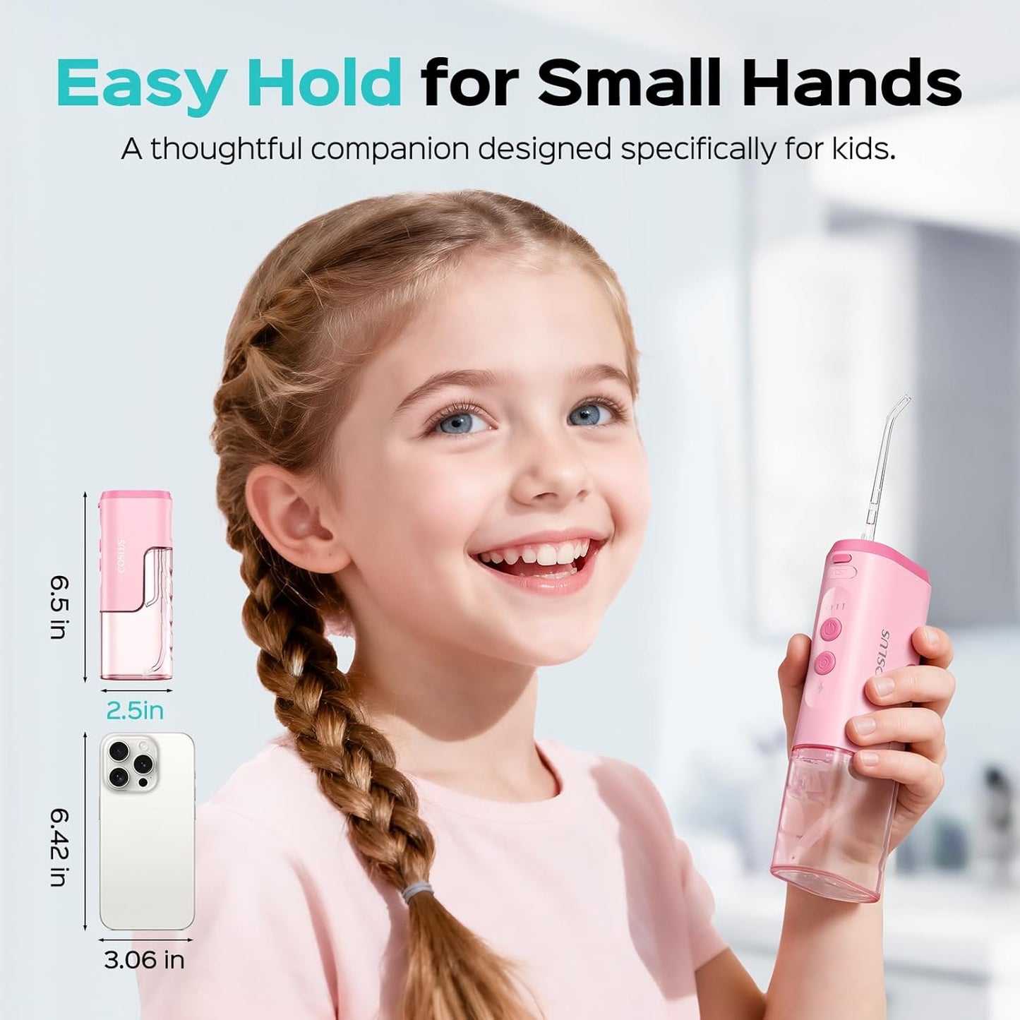 COSLUS Portable Water Flosser for Kids: 4 Gentle Modes for Ages 6+, Braces & Sensitive Teeth - with Fun DIY Stickers, 4 Storable Nozzles, Mini Compact for Home School & Travel Use, BPA-Free, Pink