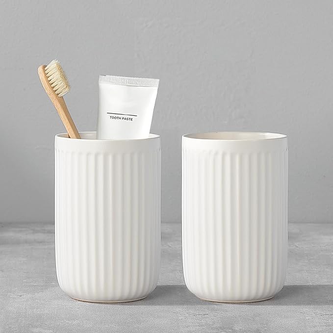 White Toothbrush Holders for Bathrooms - 2 Cups Ceramic Toothbrush Toothpaste Holders Set, White Bathroom Tumbler Cups Reusable Toothbrush Mouthwash Cup, Bathroom Counter Organizer.