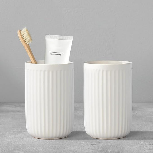 White Toothbrush Holders for Bathrooms - 2 Cups Ceramic Toothbrush Toothpaste Holders Set, White Bathroom Tumbler Cups Reusable Toothbrush Mouthwash Cup, Bathroom Counter Organizer.