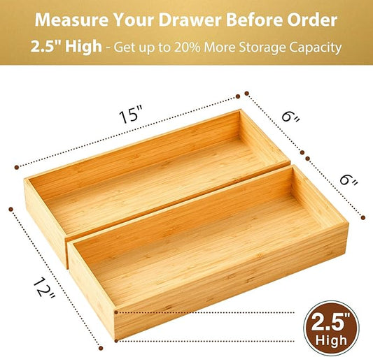 Umilife Bamboo Kitchen Utensils Organizer, Extra High Silverware Drawer Tray, Flatware Cutlery Storage Box, Multi-Use Holder in Office, Bathroom, Pantry - 15"x6"x2.5" (Set of 2)