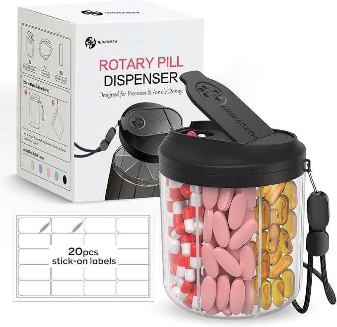 Pill Dispenser with 7 Large Compartments, 4.4" H x 3.6" Dia Pill Bottle Organizer for Travel,Supplement Organizer with Anti-Mixing Design,BPA-Free Pill Container with 20 Pcs Labels Black 2pcs