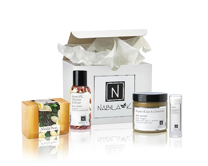 Nabila K Natural Detox Gift Set – Includes Vanilla Bean Glycerin Soap, Organic Kelp & Chamomile Face Polish, Argan Oil Face Elixir & Acai Lip Balm – Luxury Skincare Kit – Ready-to-Gift Spa Box