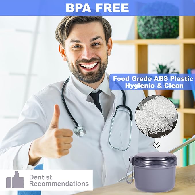 Denture Case, Leak Proof Denture Bath Cup for Travel, Denture Container Cups for Soaking Full & Partial Dentures, Retainers, Denture Cleaning Kit Holder Box with Denture Cleaner Brush-Grey