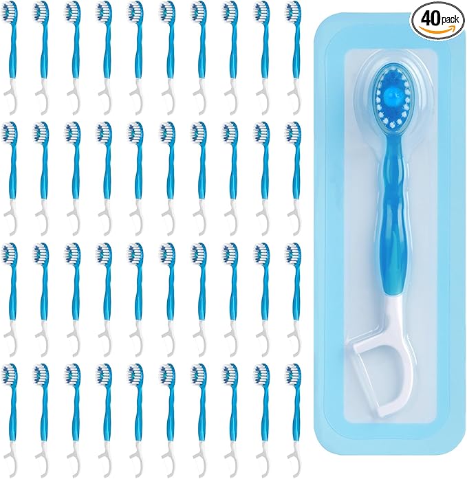 40 Count Disposable Mini Travel Toothbrushes Individually Wrapped, 5 in 1 Pre-Pasted Mini-Brush+Floss+Pick+Tongue Scraper, On The Go Toothbrush with Freshening Bead, Coolmint