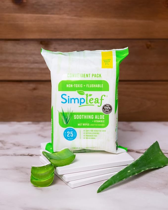 Simpleaf Flushable Wet Wipes Aloe Vera| Eco-Friendly, Paraben & Alcohol Free | Hypoallergenic & Safe for Sensitive Skin | Soothing Aloe Formula | (24 x 25 Counts Convenient Pack) 600 Counts Total
