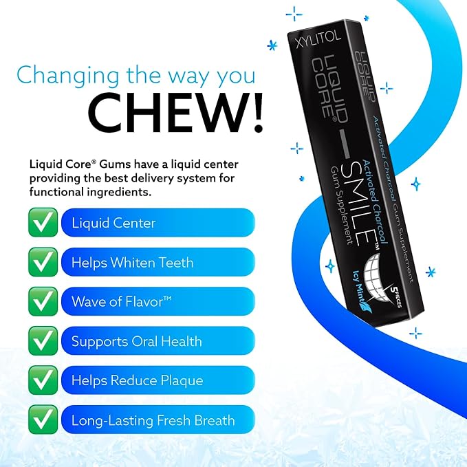 Liquid Core Smile Activated Charcoal Gum with MCT Oil, Hydroxyapatite, and Xylitol – Teeth Cleaning Gum, Icy Mint Sugar-Free (5 Pack)