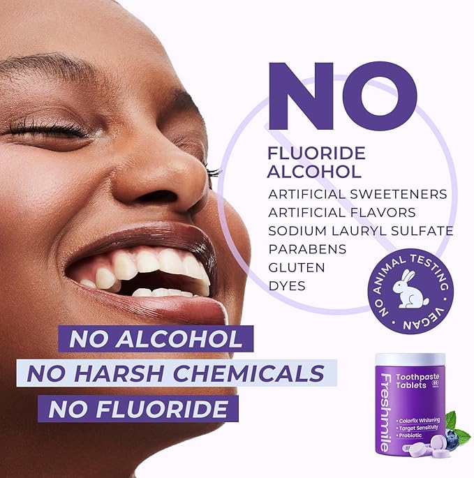 Whitening Toothpaste Tablets with Nano-Hydroxyapatite (NHA) Purple Toothpaste for Teeth Whitening Fluoride-Free, for Sensitive Teeth & Gums, Travel-Friendly Tabs (60 Count)