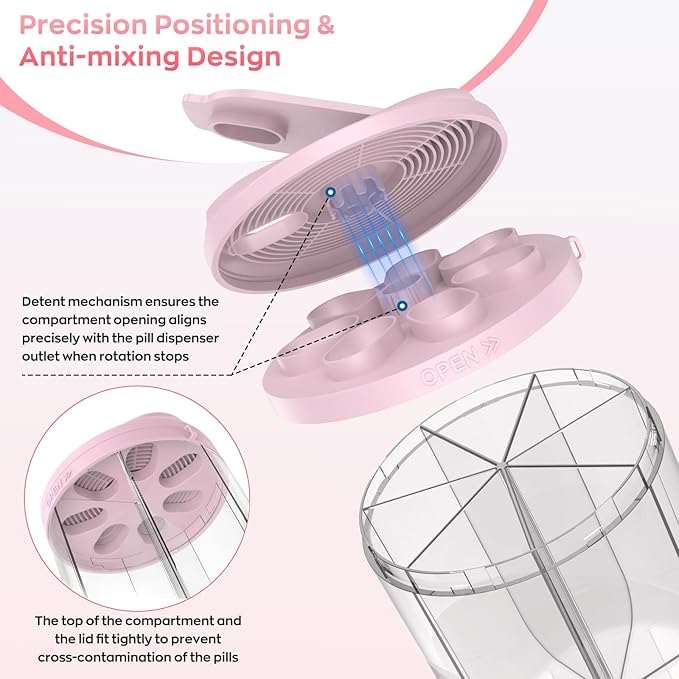 Pill Dispenser with 7 Large Compartments, Pill Organizer for Travel with Anti-Mixing Design, BPA-Free Pill Container with 20 Pcs Labels, Pink