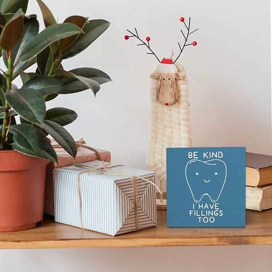 Dental Decor Wooden Signs,Blue Dental Hygienist Wooden Box Sign,Funny Dentist For Home Office Shelf Table Decor 5x5 Inches,Dental School Gift, Dentist Gifts