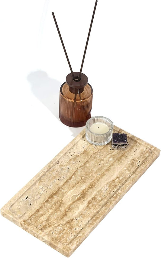 Solid Natural Marble Rectangle Vanity Tray - 9.8"x5" Italy Natural Bath & Counter Organizer, Decorative Jewelry Perfume Holder, Kitchen Coffee Table Serving Tray（Travertine）