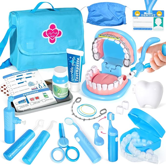 Dentist Playset for Boys with Oversized Pretend Teeth /Removable Teeth /Braces /Retainer - Kids Doctors Play Set - Teeth Model for Teaching - Role Play Toys for Kids 4-6 (Blue)