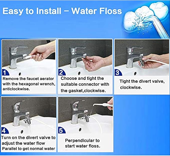 Water Dental Flosser for Family Use 5 Color Jet Tips for Faucet & Shower, Oral Irrigator Non-Electric Safety Water Pressure,Oral Care Tooth Cleaning. Energy Saving & Environmental Protection.