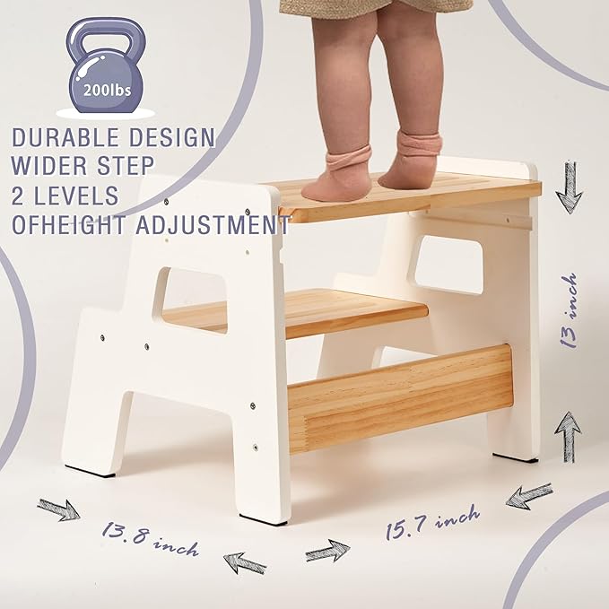 Toddler Step Stool for Kids - Height Adjustable Non-Slip Wooden Step Stool for Bathroom Sink, Kitchen & Potty Training 2-Step - White