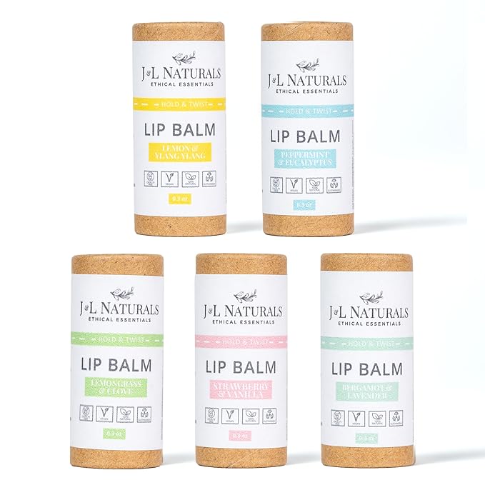 J&L Naturals Sustainable Lip Balm | Organic Ingredients, 100% Natural, Eco-Friendly | Cruelty Free, Vegan, Paraben Free, Silicone Free (Variety, 5-Piece Bundle)