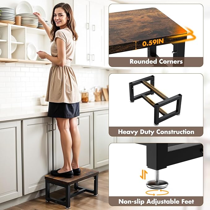 Step Stool, NomNest Height-Adjustable Wooden Step Ladder Metal Foot Stool Small Kitchen Stool Helper for Toddler Adults, Ladder Chair for Home Bedside Bathroom Sink Potty-Black