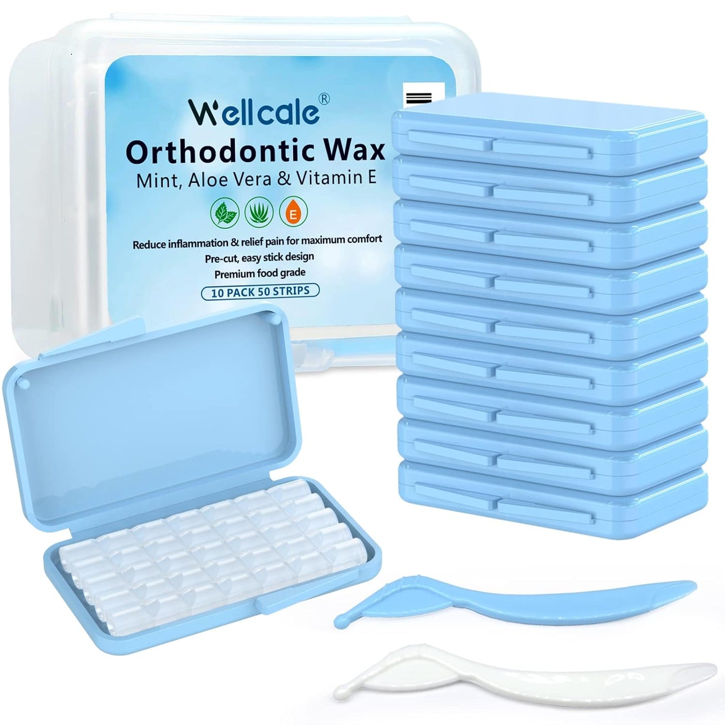 Braces Wax, Premium 50 Precut Orthodontic Wax Strips 350+ Dots, Blue Cases, w/Storage Box & 2 Applicator Tools, Food-Grade Dental Wax for Braces - Stick Better (Mint+Aloe Vera +Vitamin E)
