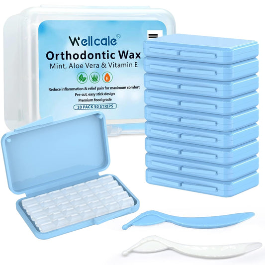 Braces Wax, Premium 50 Precut Orthodontic Wax Strips 350+ Dots, Blue Cases, w/Storage Box & 2 Applicator Tools, Food-Grade Dental Wax for Braces - Stick Better (Mint+Aloe Vera +Vitamin E)